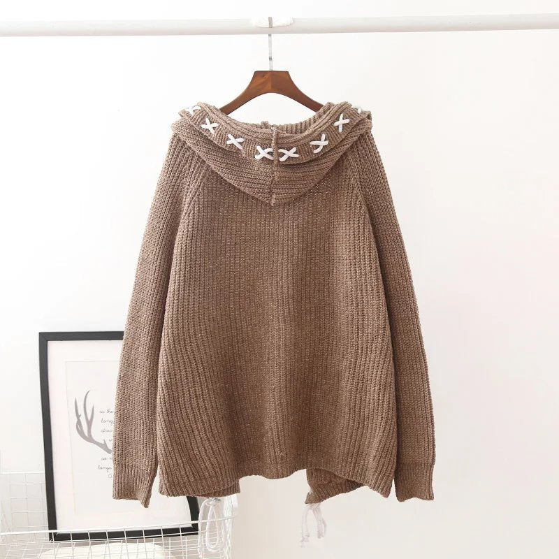 Women Hooded Tops Knitting Cardigan Sweater Coat Women Loose Sweater